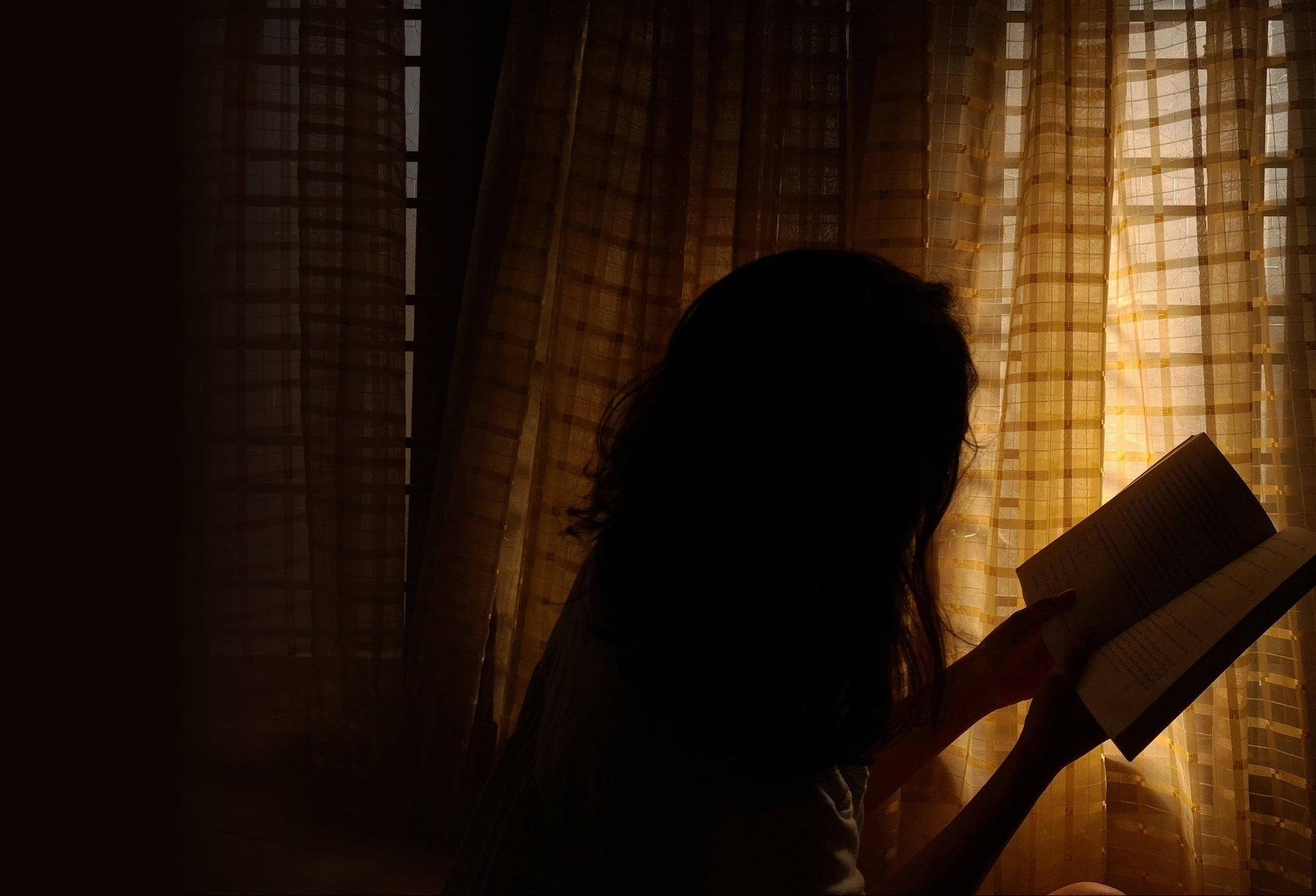 Woman reading a book by a sunlit window in a moody romantasy reader aesthetic scene for WNGSPN.